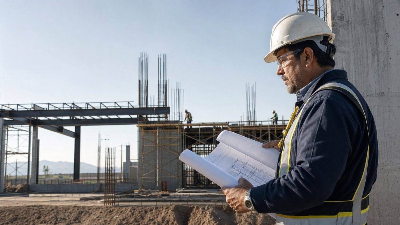 Ingeniero revisando planos en un proyecto de infraestructura en México