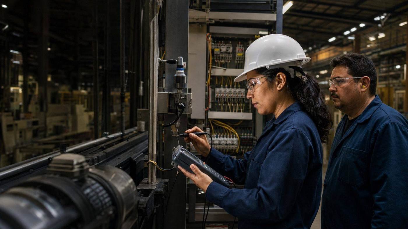 Técnica realizando diagnóstico de maquinaria industrial