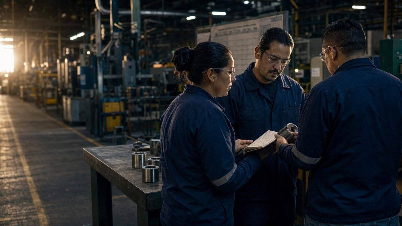 Equipo de manufactura resolviendo un problema en planta